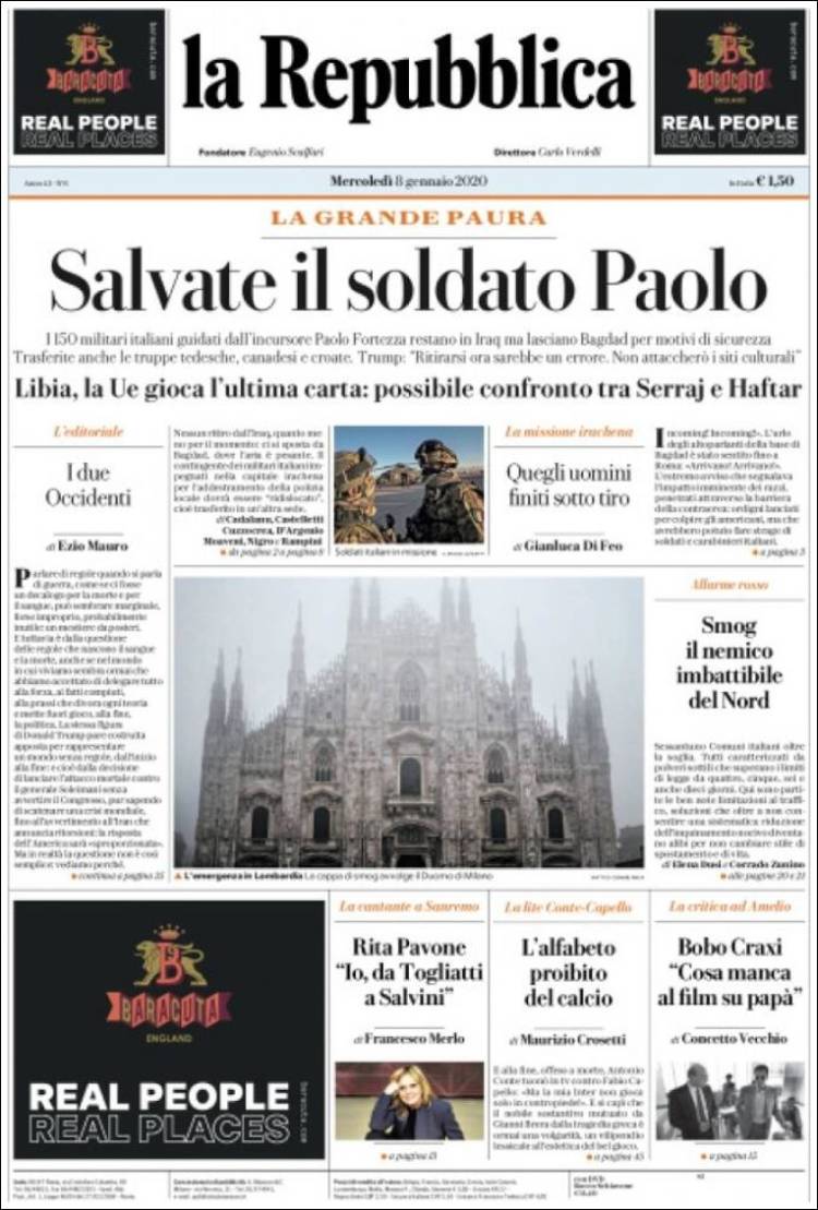Portada de La Repubblica (Italia)