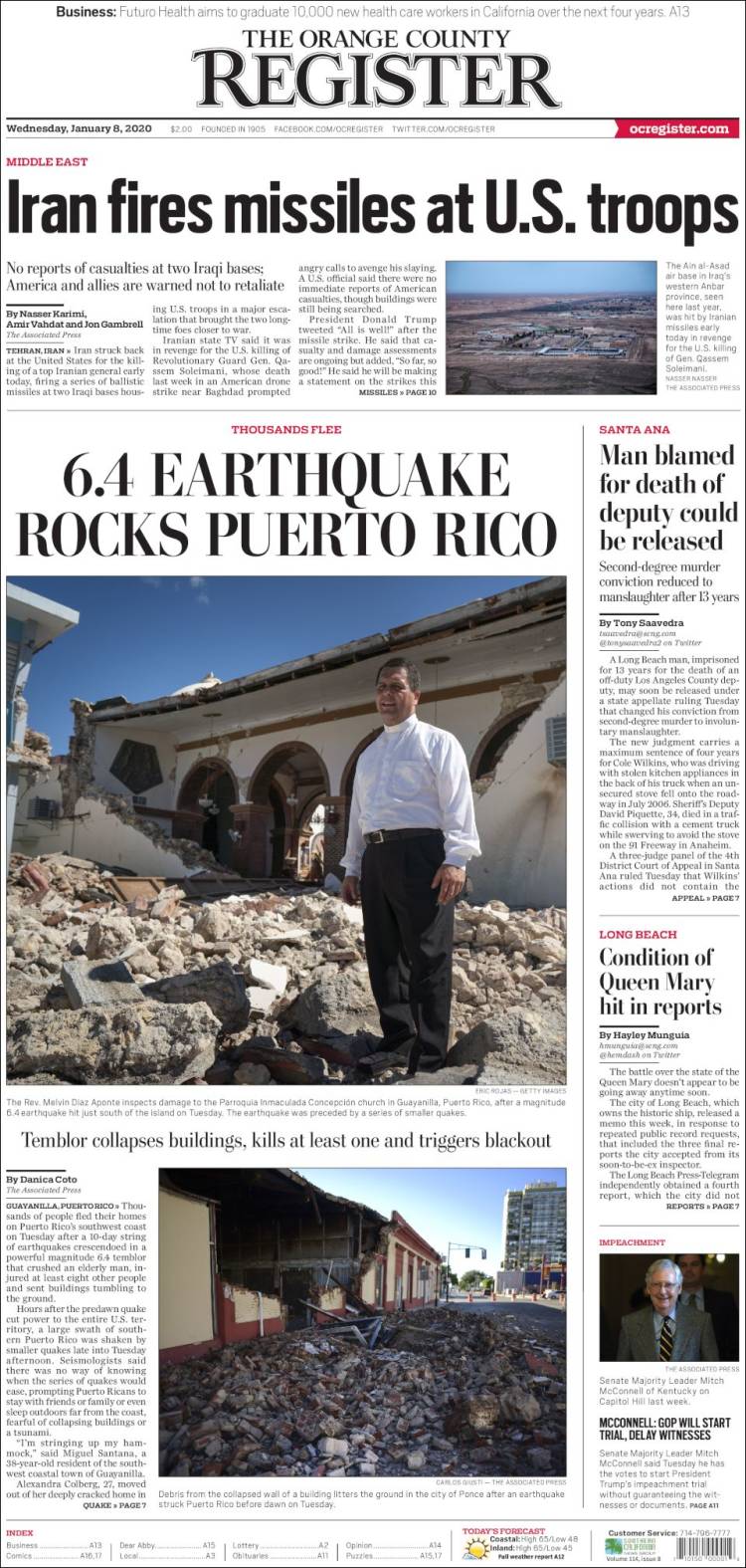 Portada de The Orange County Register (USA)