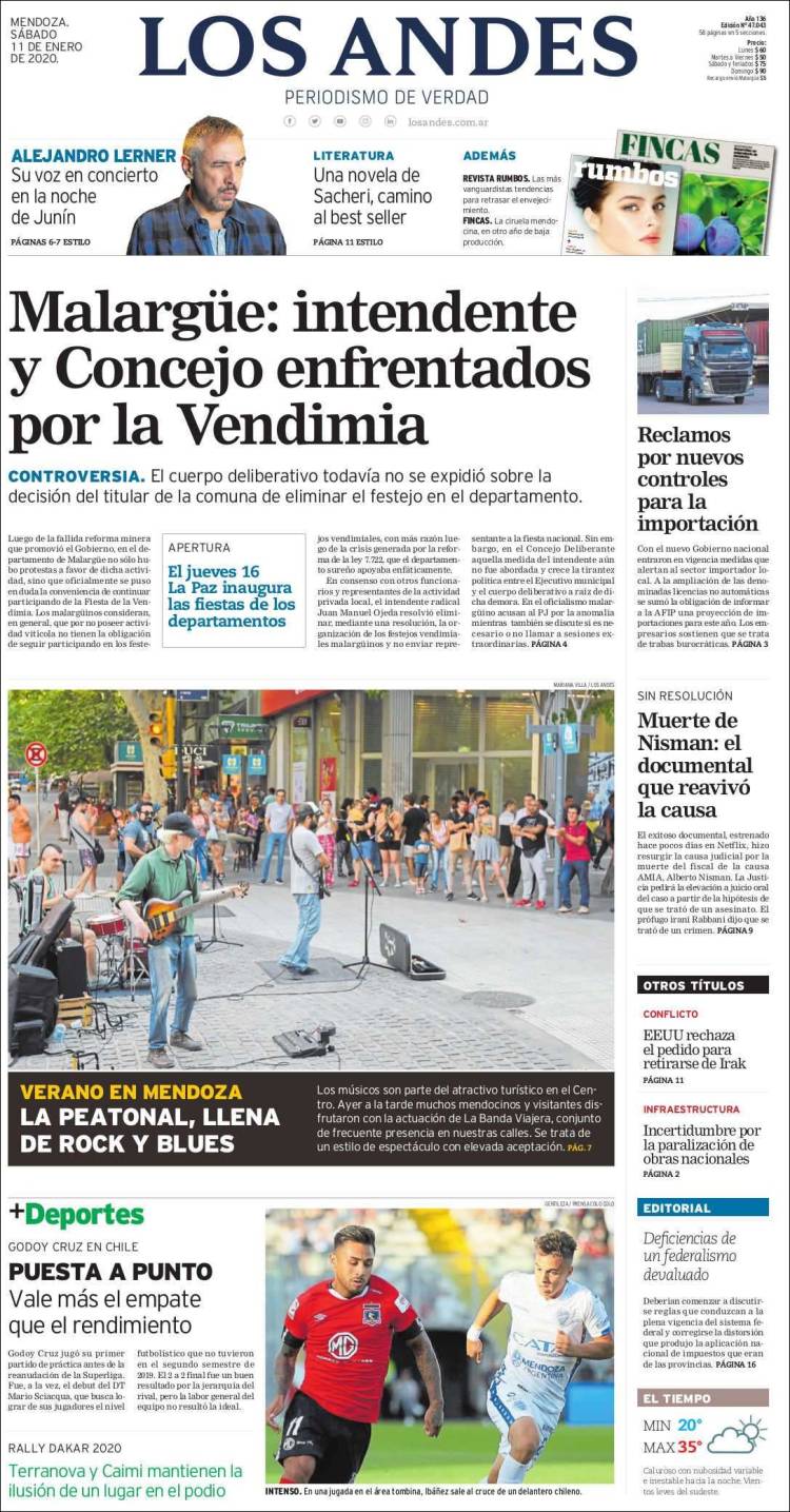 Portada de Los Andes - Mendoza (Argentina)