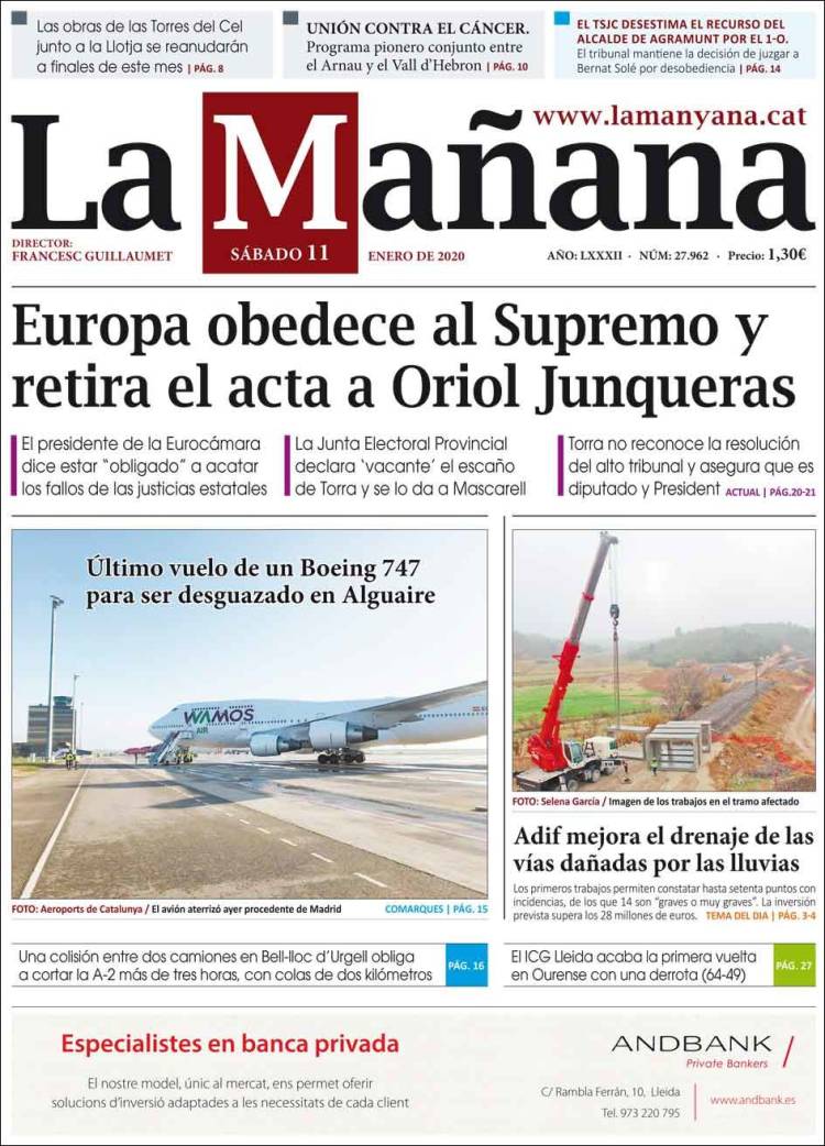 Portada de La Mañana - Diari de Ponent (España)