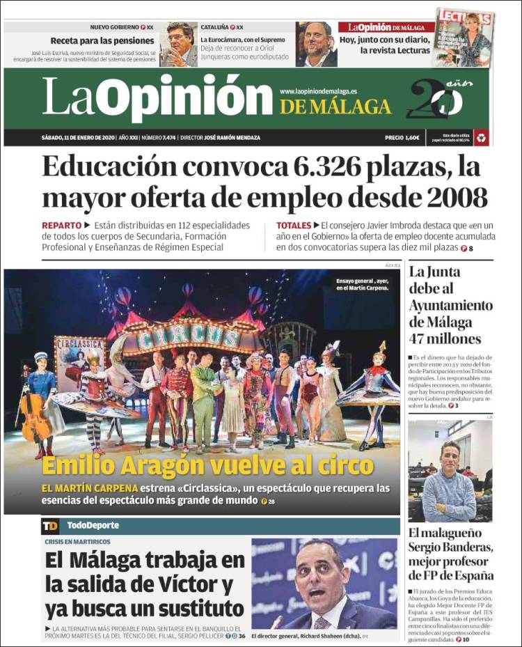 Portada de La Opinión de Málaga (España)