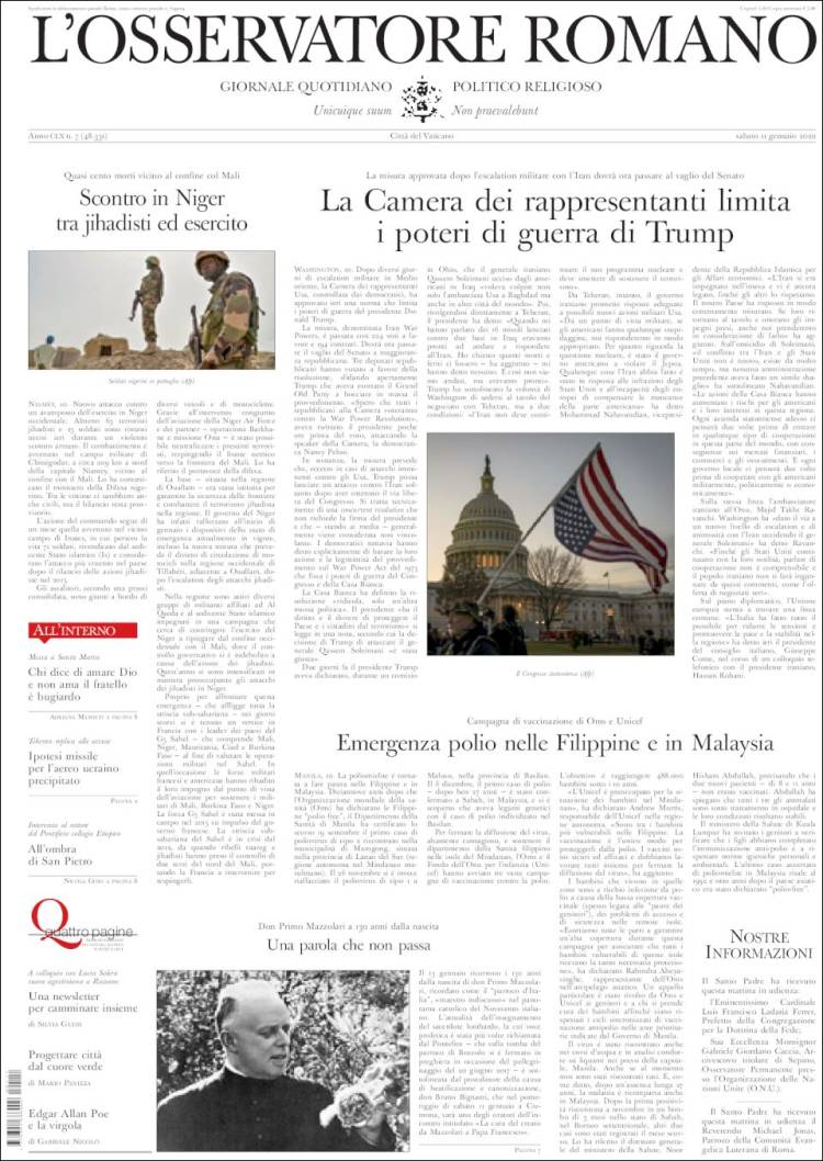 Portada de L'Osservatore Romano (Italia)