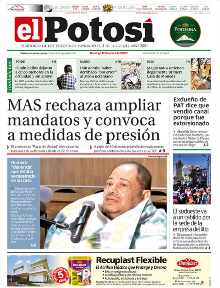 Portada de Diario de Potosí (Bolivia)