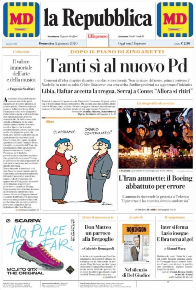 Portada de La Repubblica (Italia)