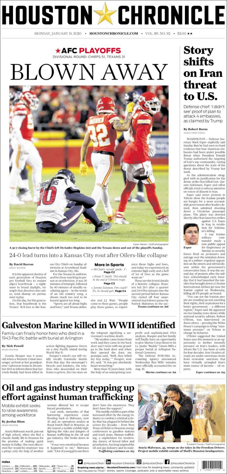 Portada de Houston Chronicle (USA)