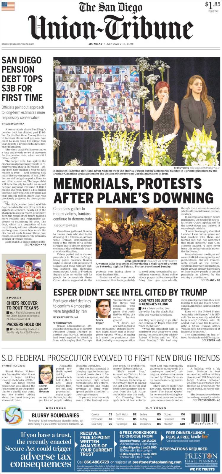 Portada de The San Diego Union-Tribune (USA)