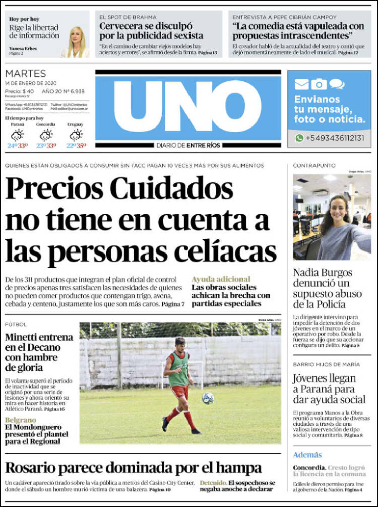 Portada de Diario Uno de Entre Ríos (Argentina)
