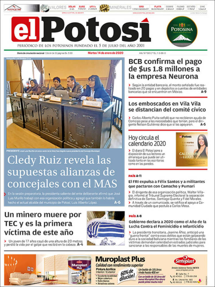 Portada de Diario de Potosí (Bolivia)