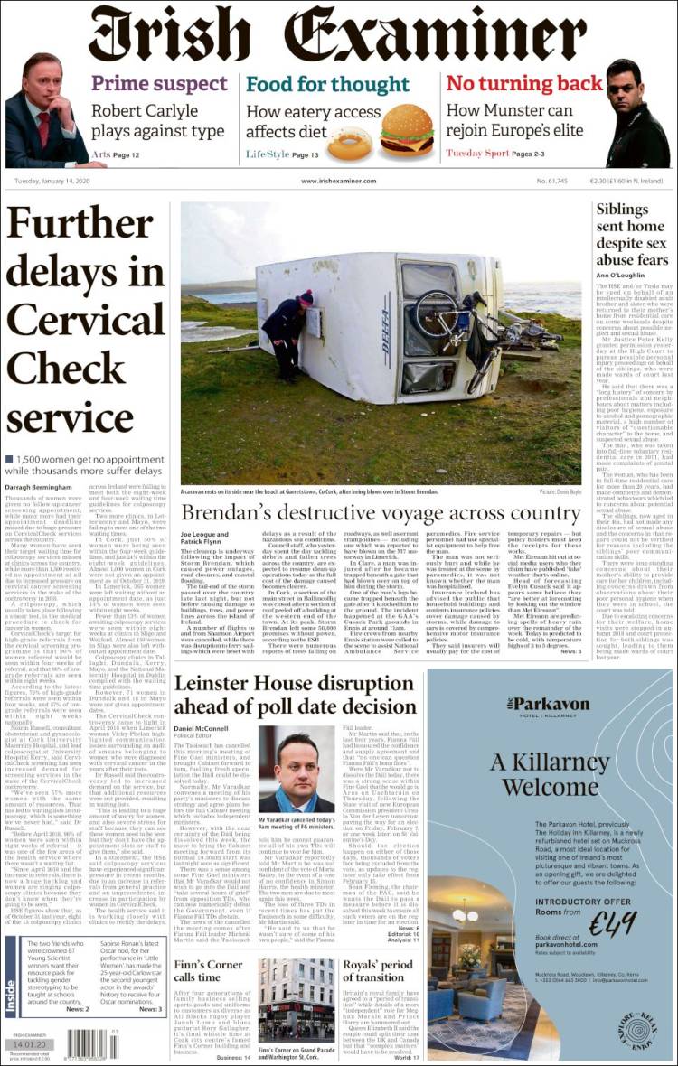 Portada de Irish Examiner (Irlanda)