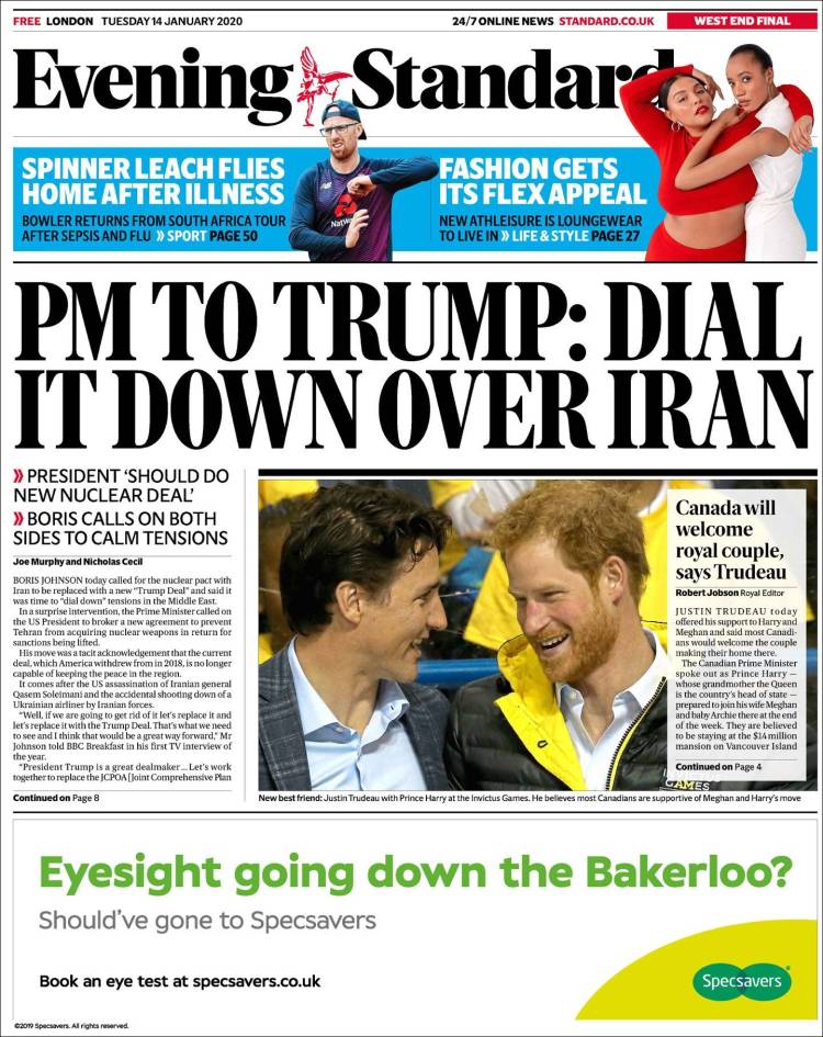 Portada de Evening Standard (Reino Unido)
