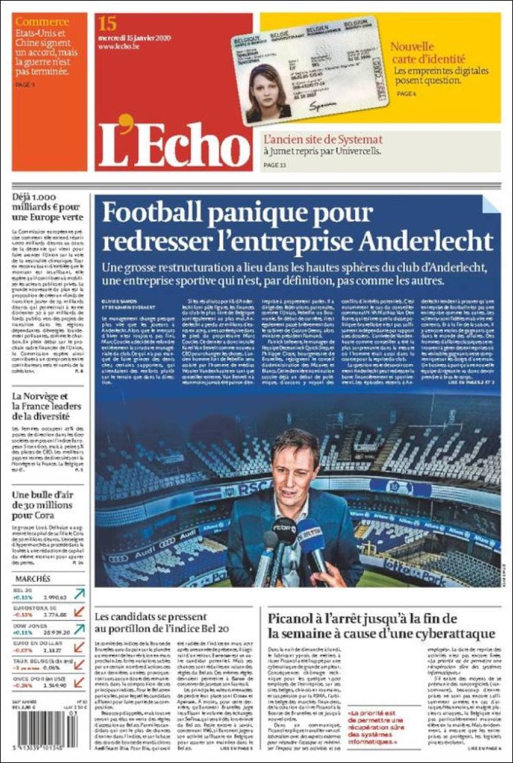 Portada de L'Echo (B&eacute;lgica)