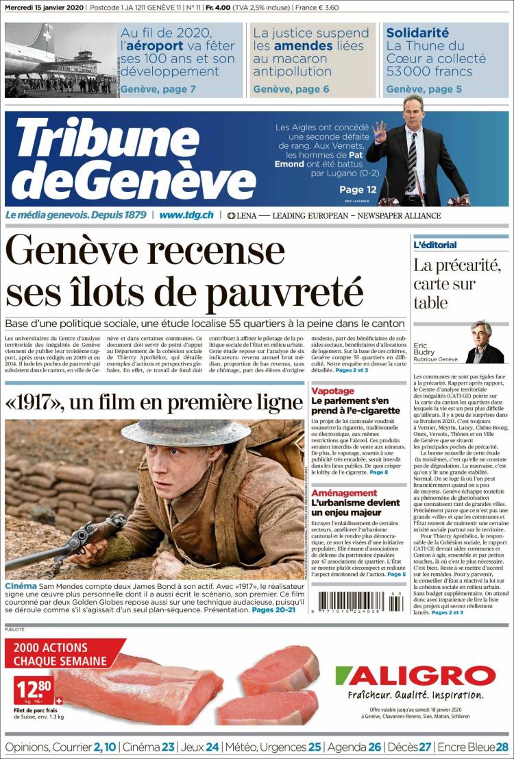 Portada de La Tribune de Genève (Suiza)