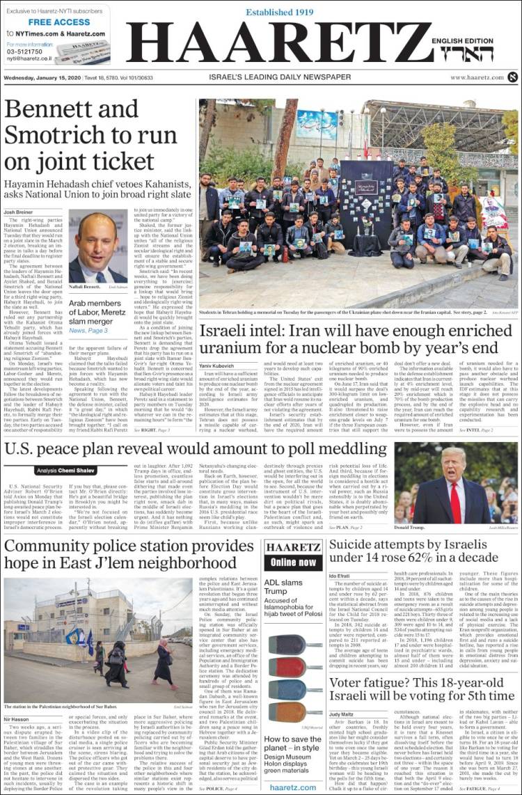 Portada de Haaretz (Israel)