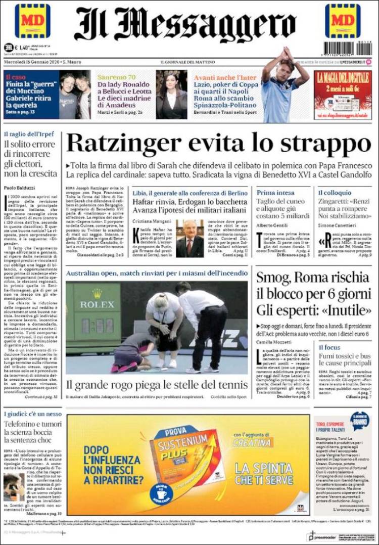 Portada de Il Messaggero (Italia)