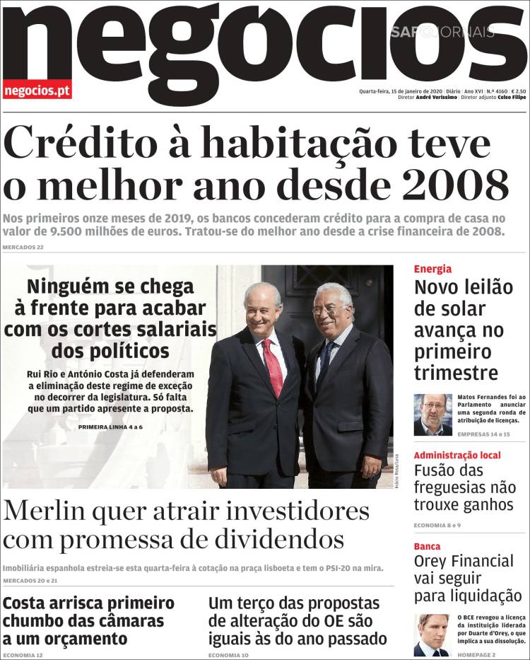 Portada de Jornal de Negócios (Portugal)