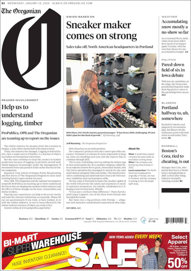 Portada de The Oregonian (USA)