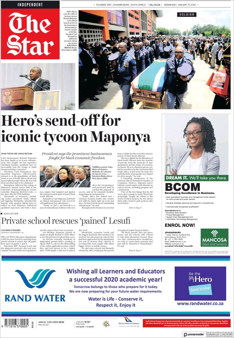 Portada de The Star (Sud&aacute;frica)