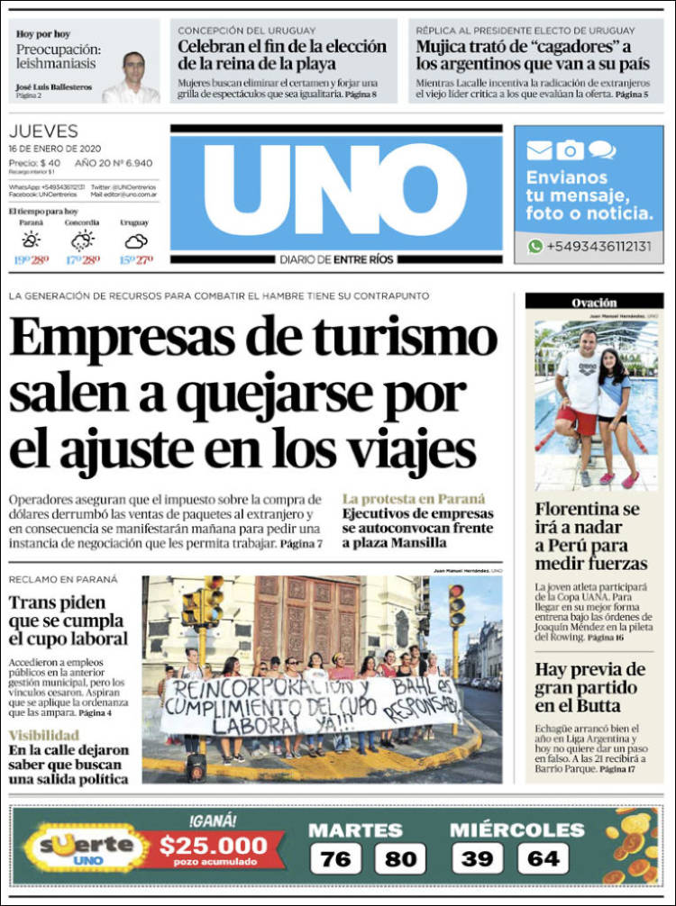 Portada de Diario Uno de Entre Ríos (Argentina)