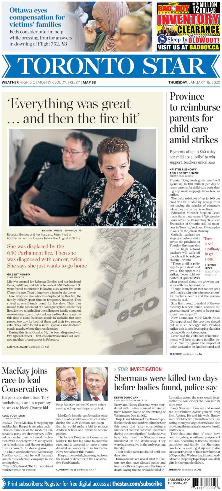 Portada de The Toronto Star (Canadá)