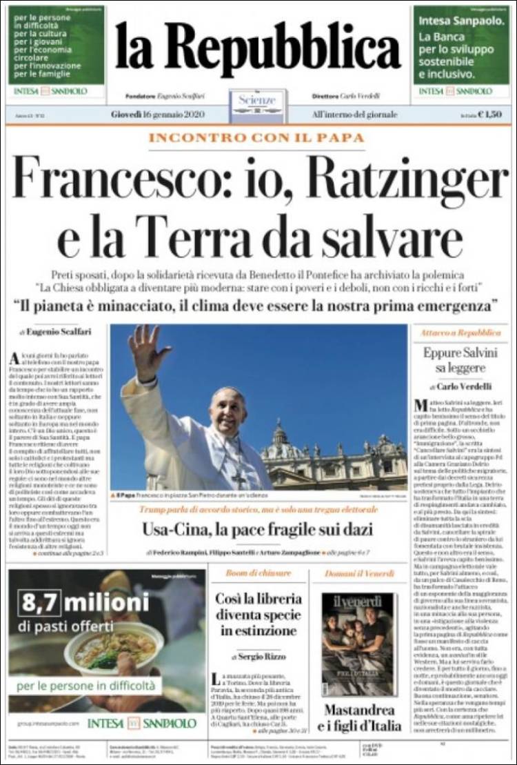 Portada de La Repubblica (Italia)
