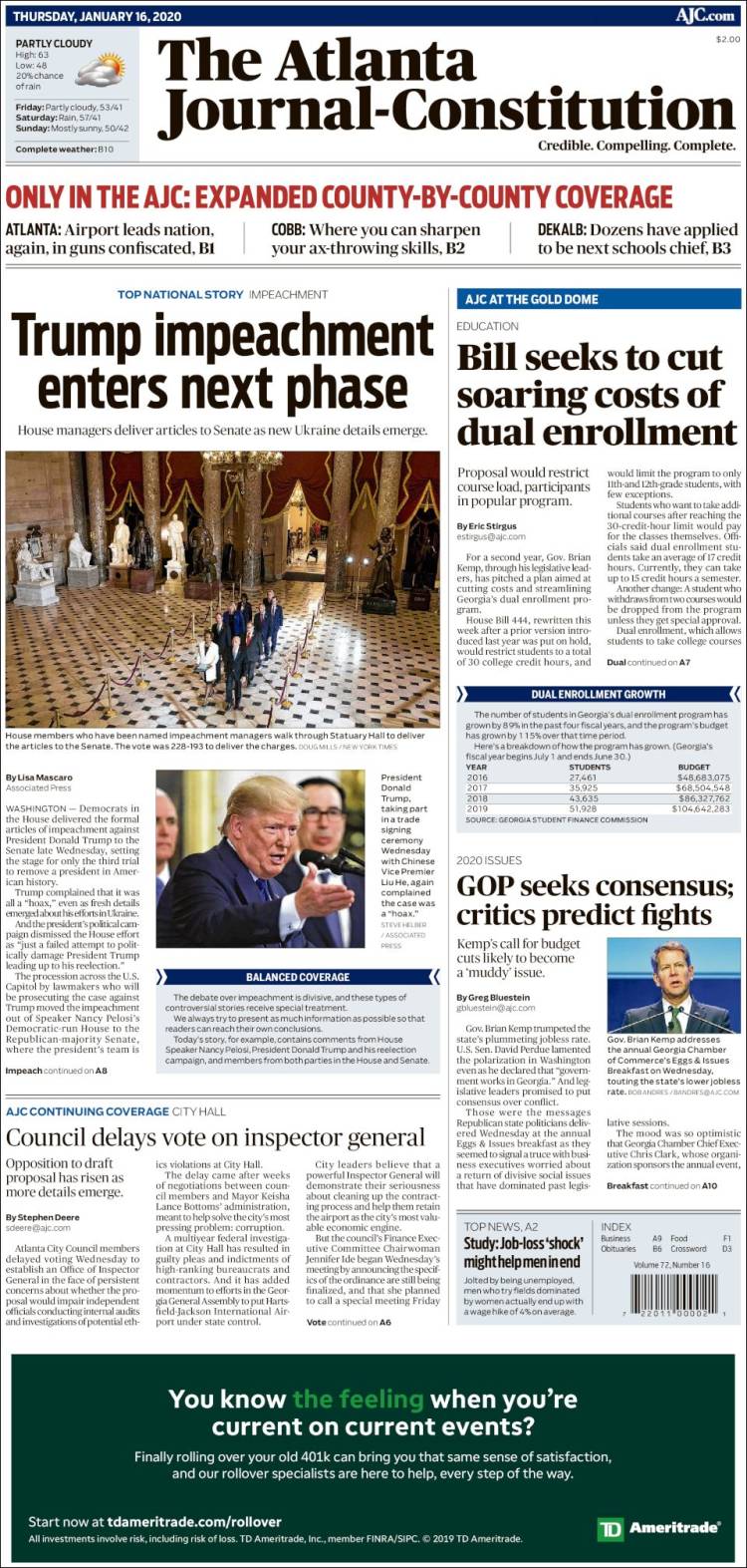 Portada de The Atlanta Journal-Constitution (USA)