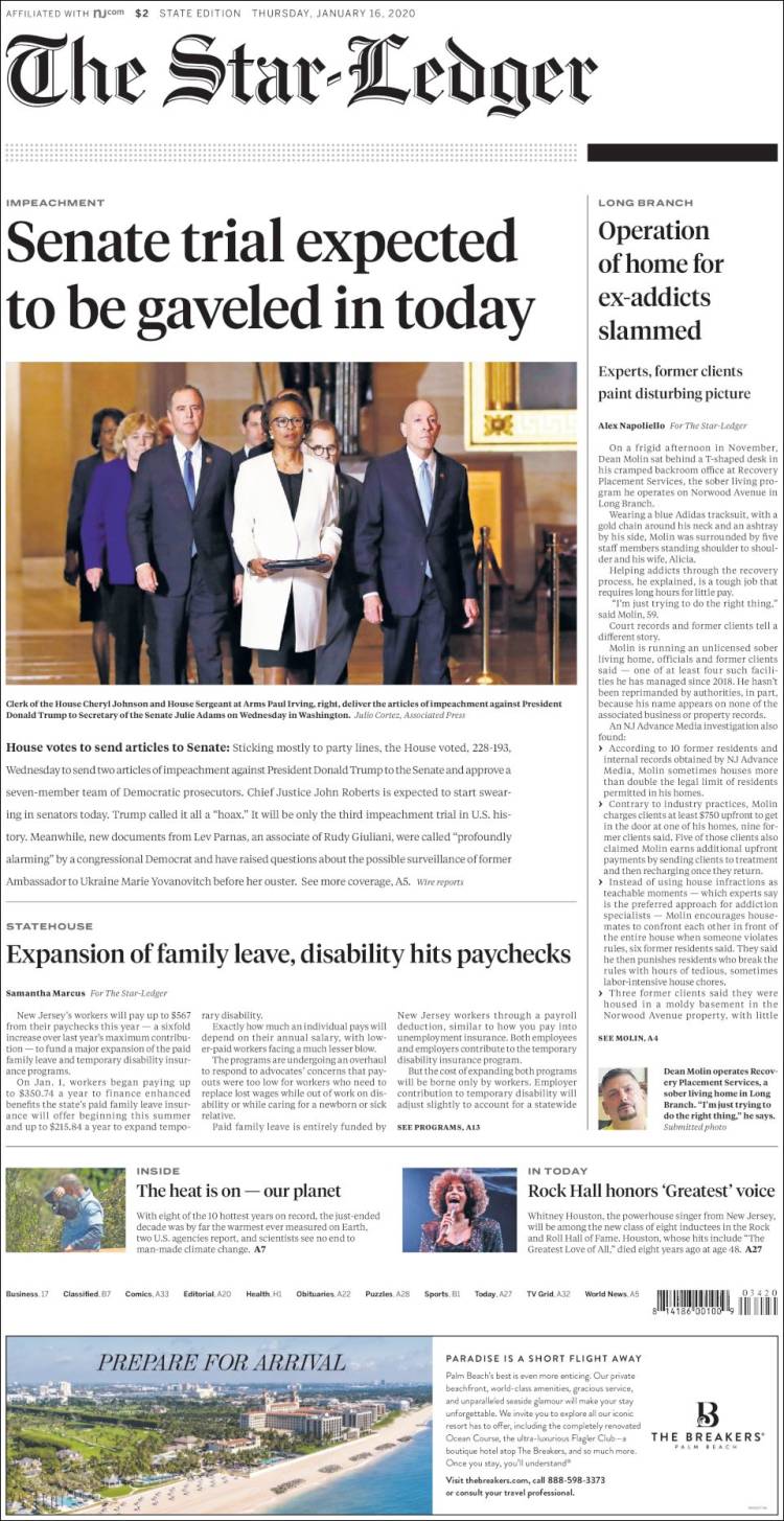 Portada de Star-Ledger (USA)