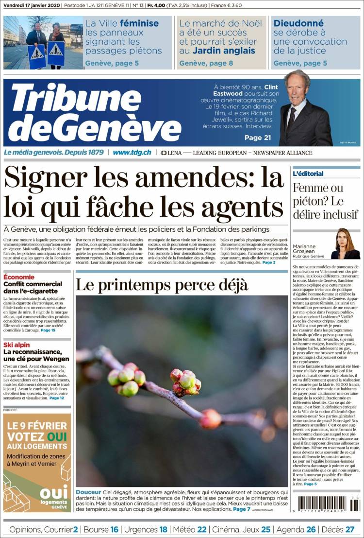 Portada de La Tribune de Genève (Suisse)