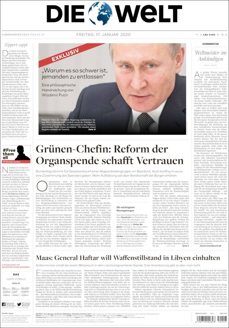 Portada de Die Welt (Alemania)
