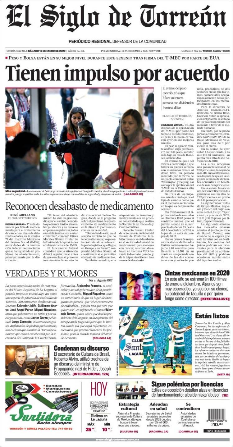 Portada de El Siglo de Torreon (M&eacute;xico)