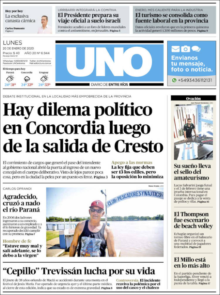 Portada de Diario Uno de Entre Ríos (Argentina)