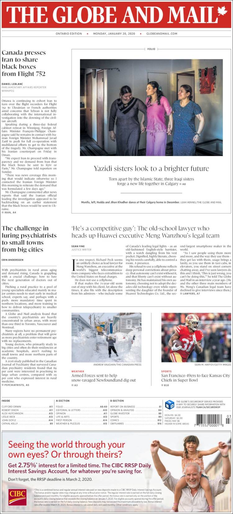 Portada de The Globe and Mail (Canadá)