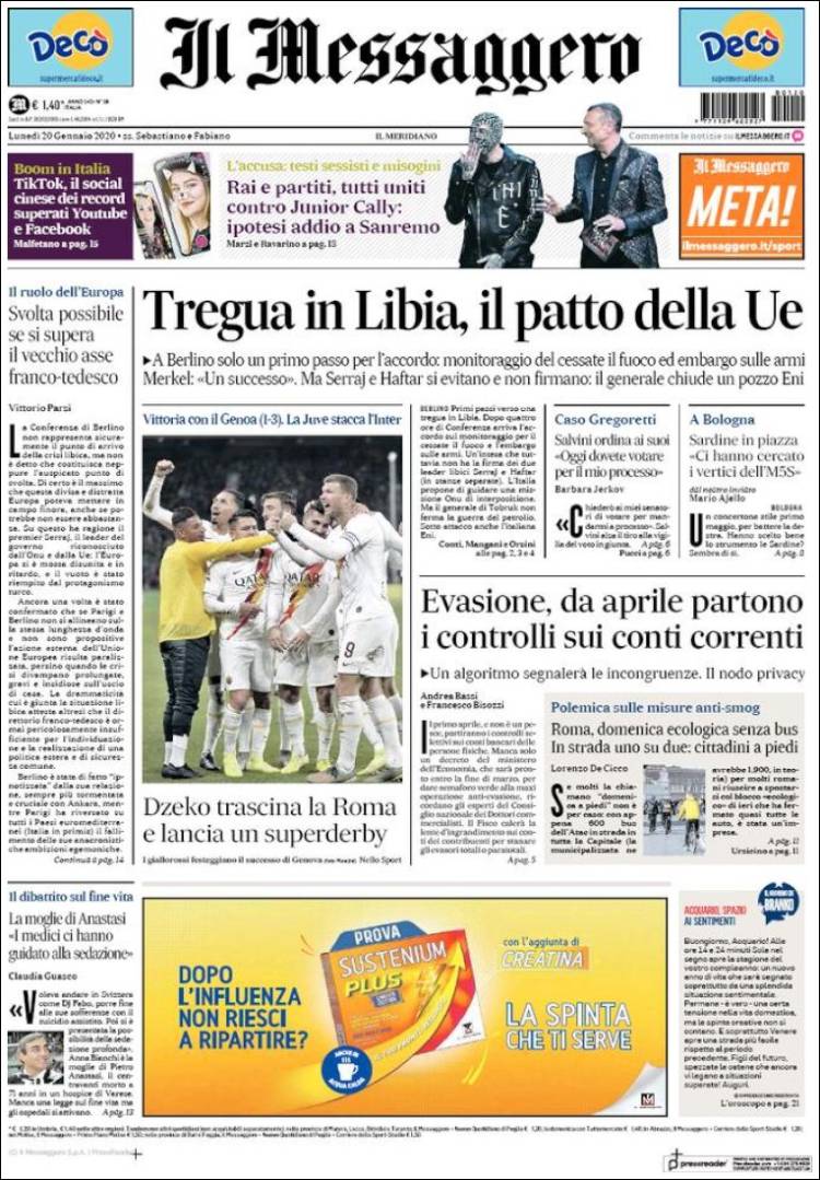 Portada de Il Messaggero (Italia)