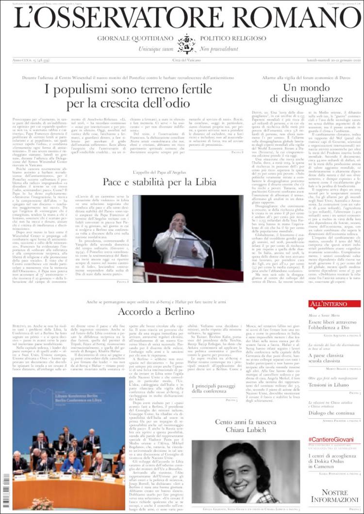 Portada de L'Osservatore Romano (Italia)