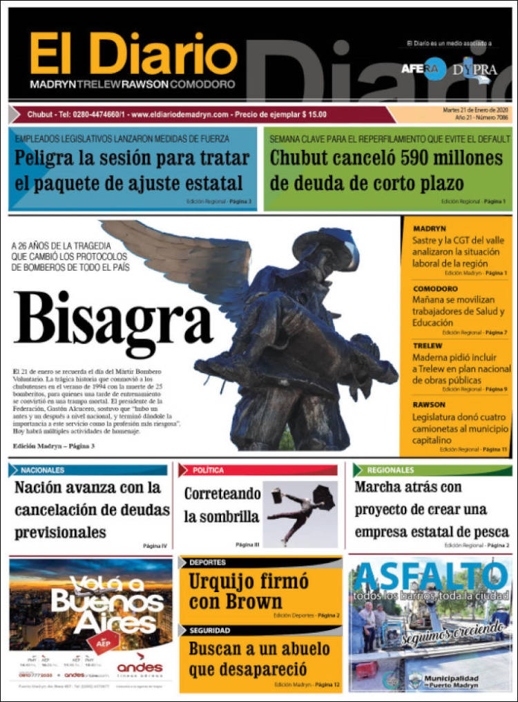 Portada de El Diario de Madryn (Argentina)