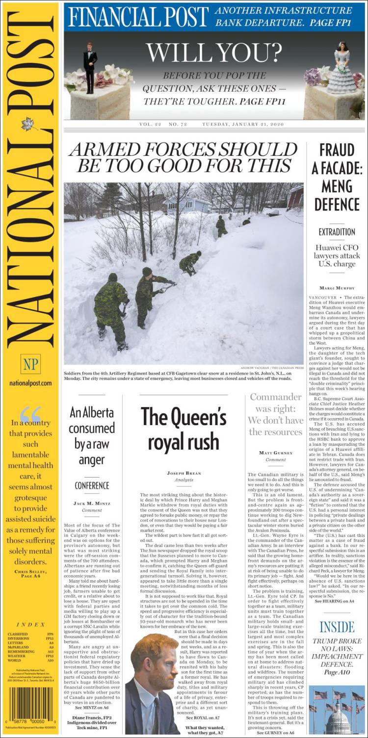 Portada de The National Post (Canadá)