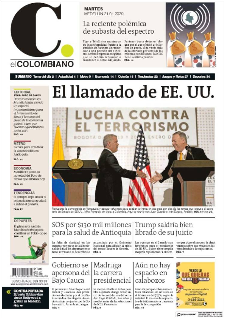 Portada de El Colombiano (Colombia)