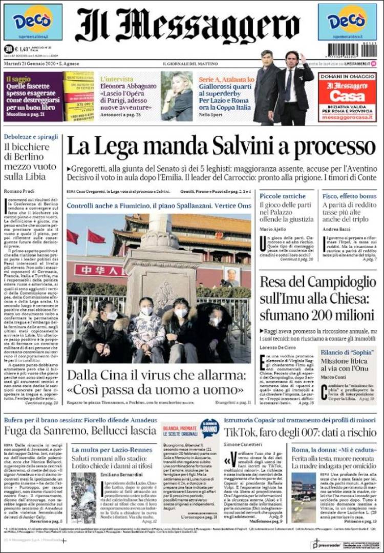 Portada de Il Messaggero (Italia)