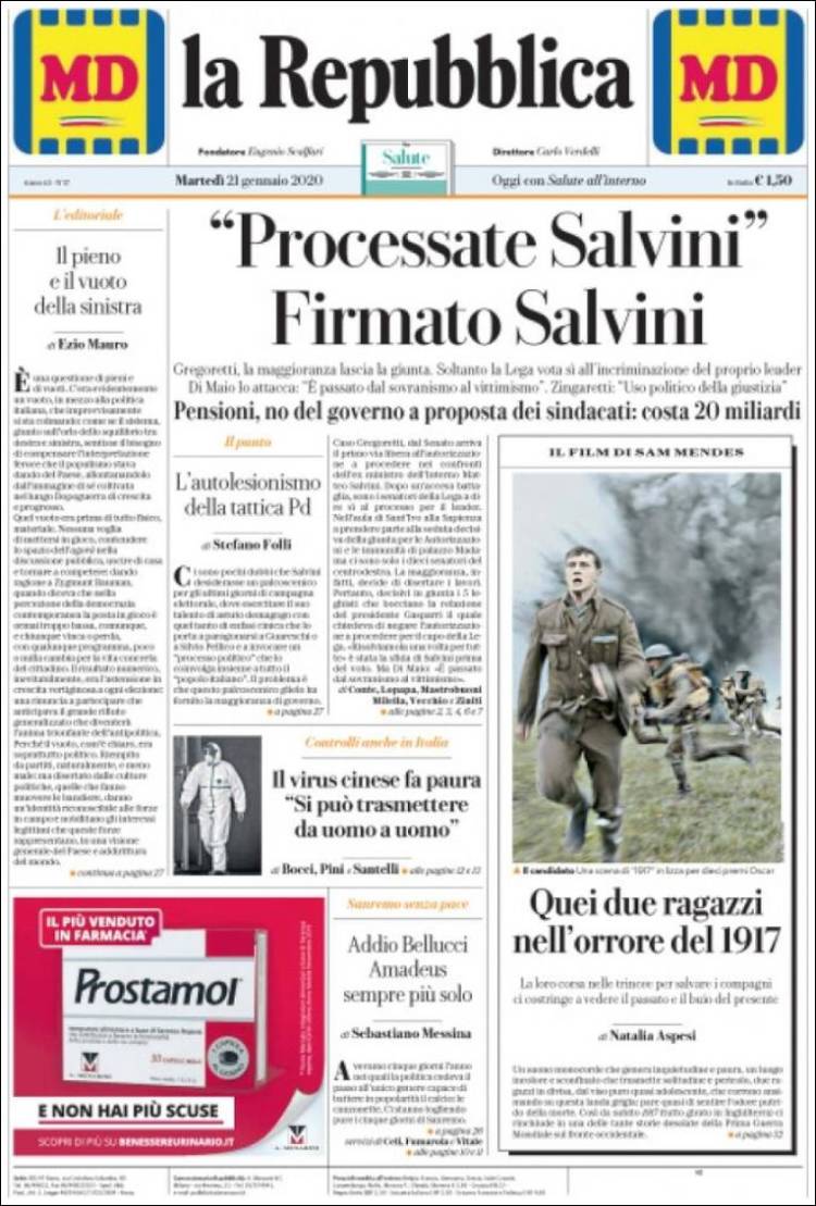 Portada de La Repubblica (Italia)