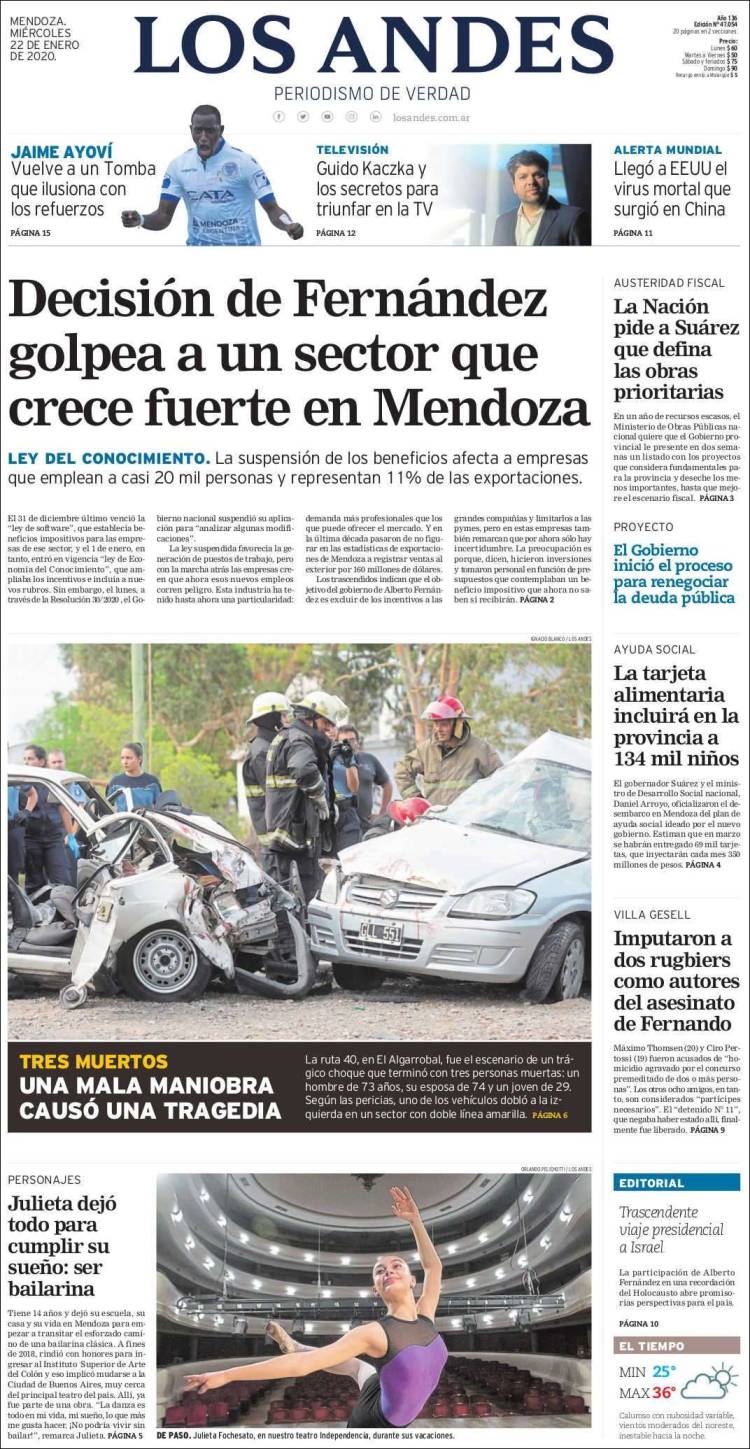 Portada de Los Andes - Mendoza (Argentina)