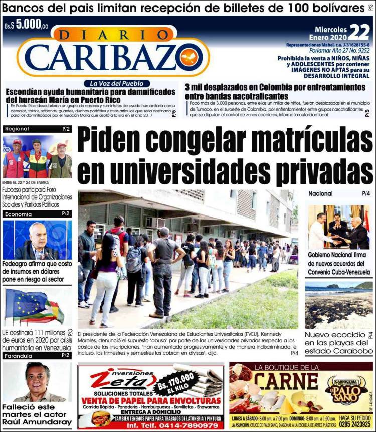 Portada de Diario Caribazo (Venezuela)