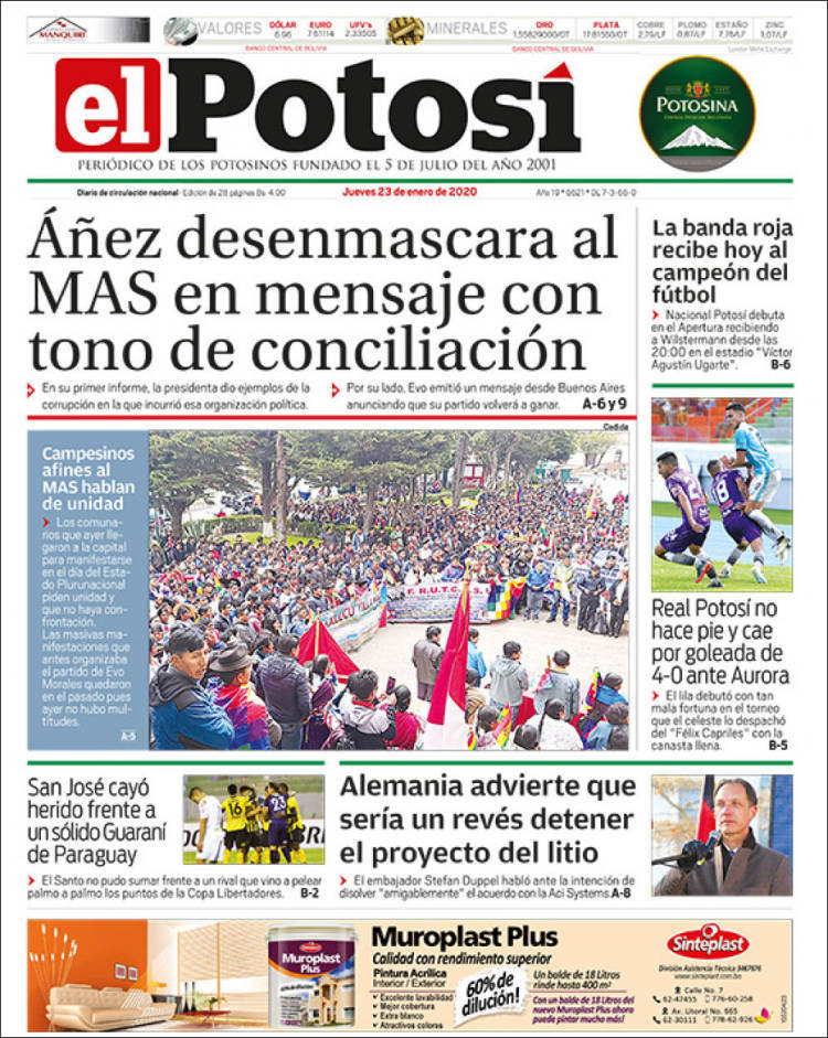 Portada de Diario de Potosí (Bolivia)