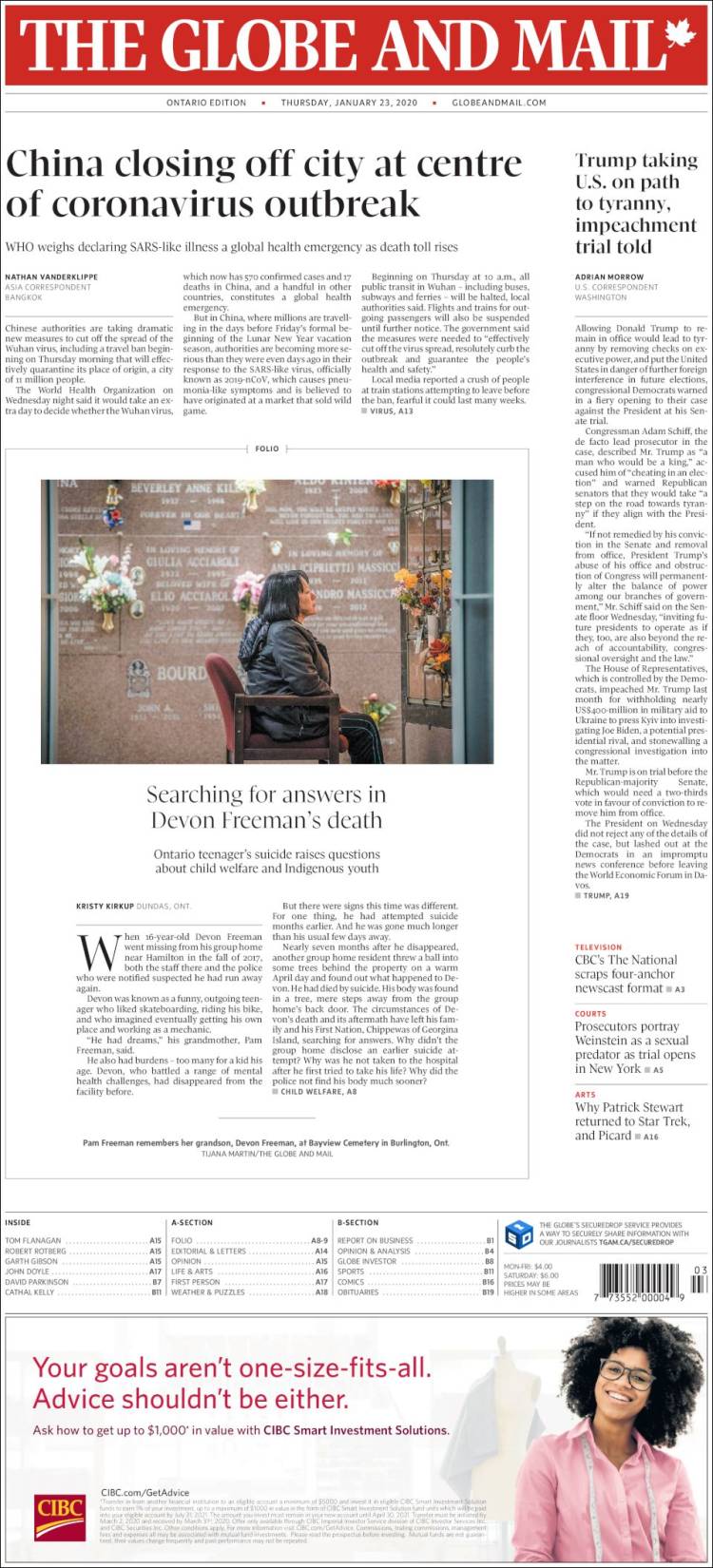 Portada de The Globe and Mail (Canadá)