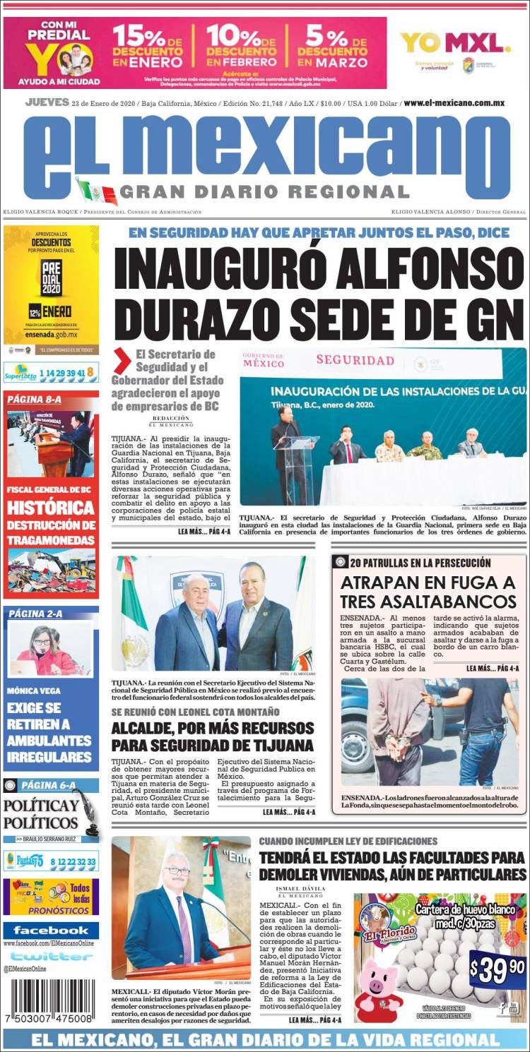 Portada de El Mexicano - El Gran Diario Regional (México)