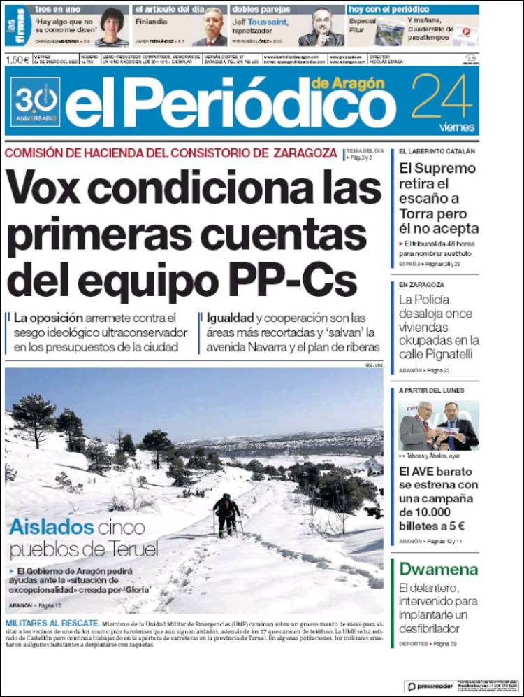 Portada de El Periódico de Aragón (España)