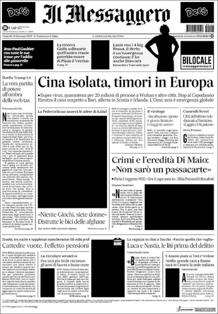 Portada de Il Messaggero (Italia)