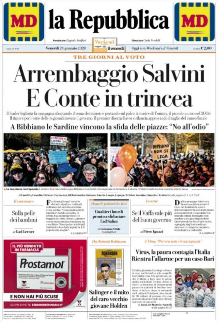 Portada de La Repubblica (Italia)