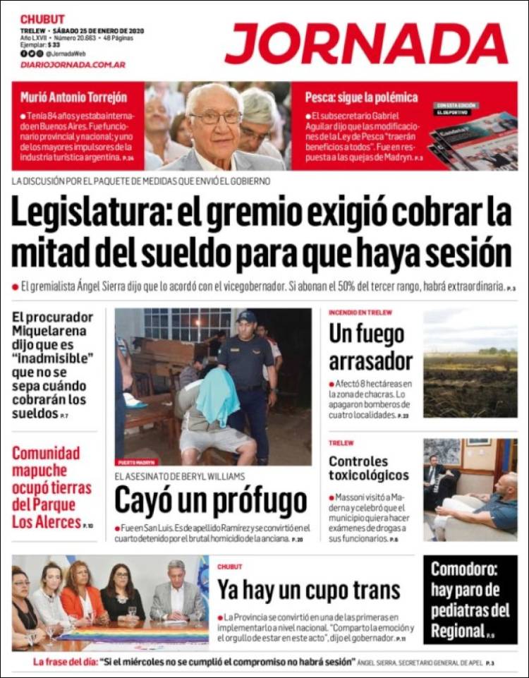 Portada de Diario Jornada en la Patagonia (Argentina)