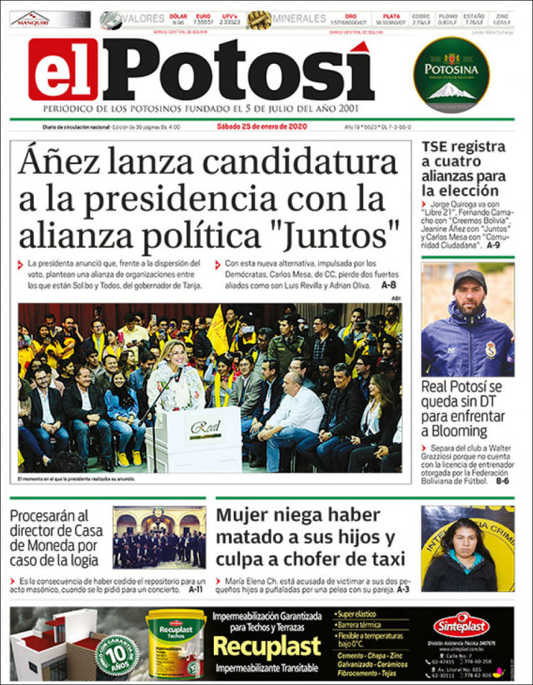 Portada de Diario de Potosí (Bolivia)