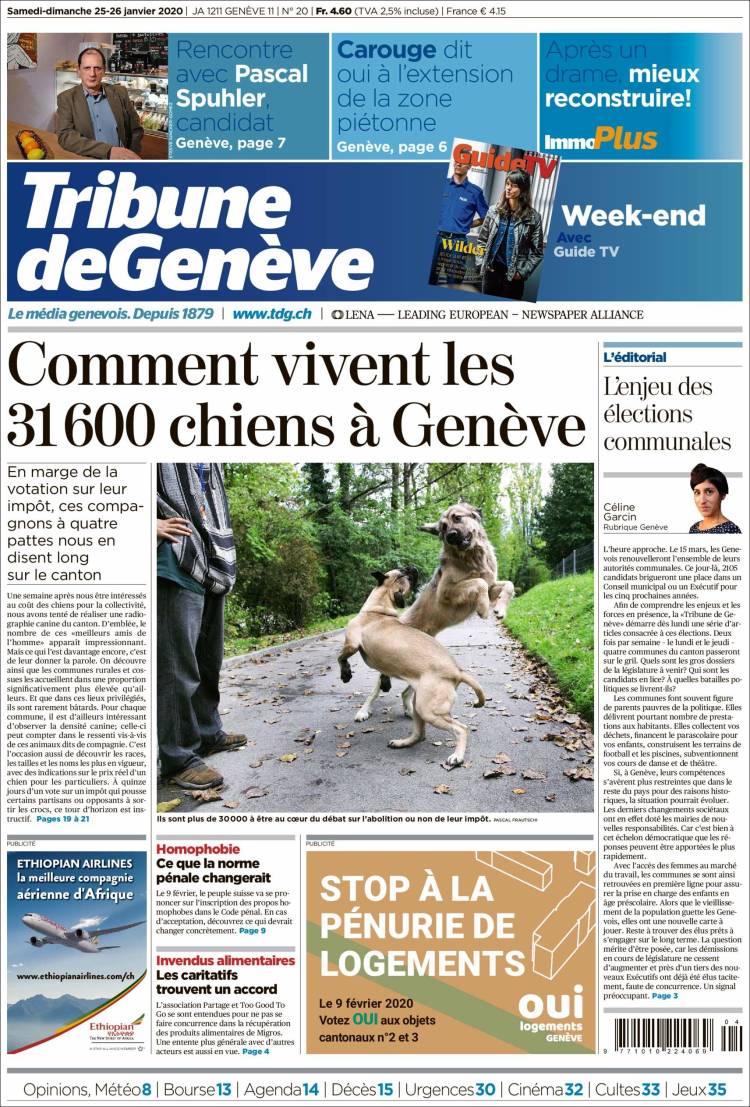 Portada de La Tribune de Genève (Suiza)