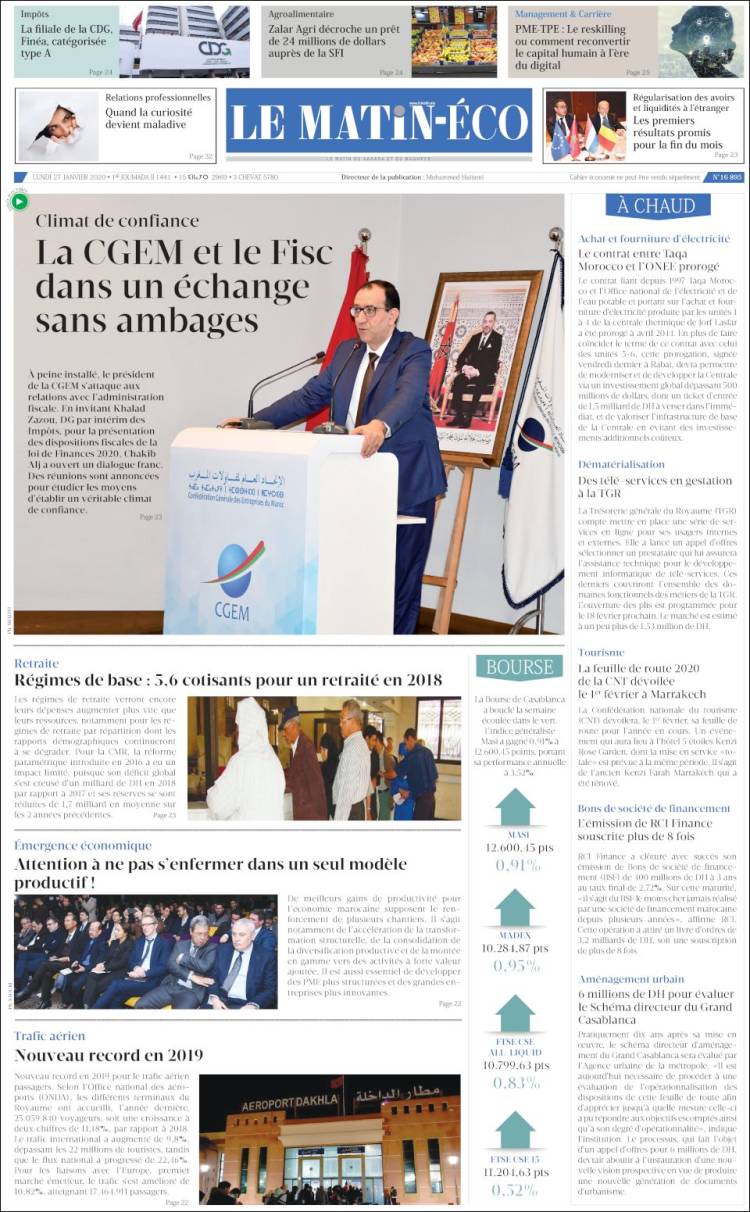 Portada de Le Matin Economie (Marruecos)